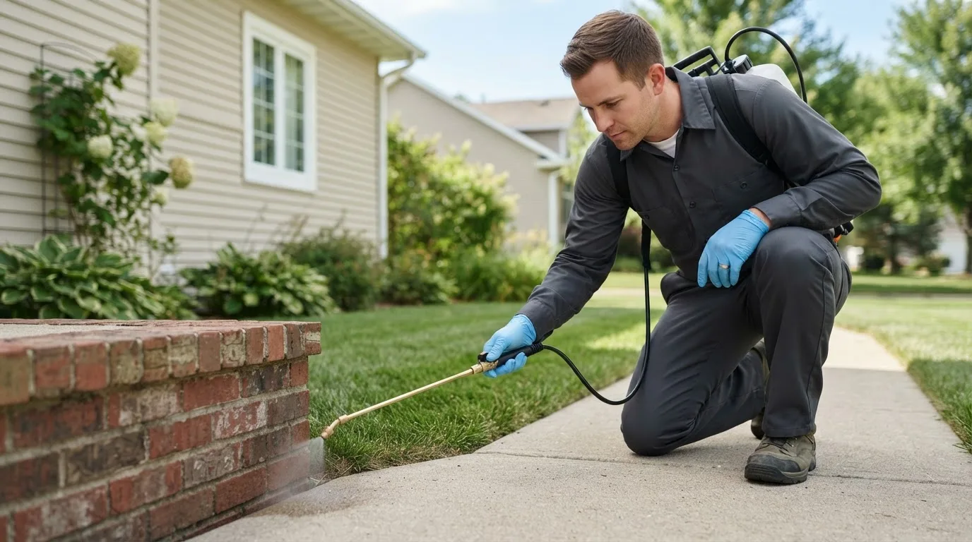 Pest control technician treating a home near Elmira, OR